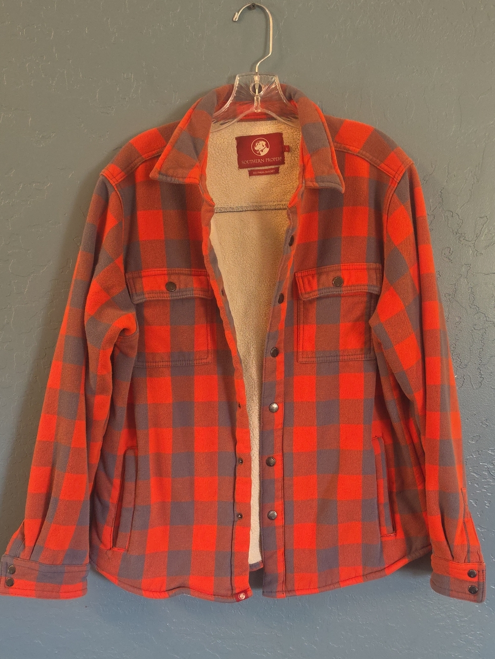 Southern Proper Orange and Gray Plaid Sherpa Shirt Jacket
